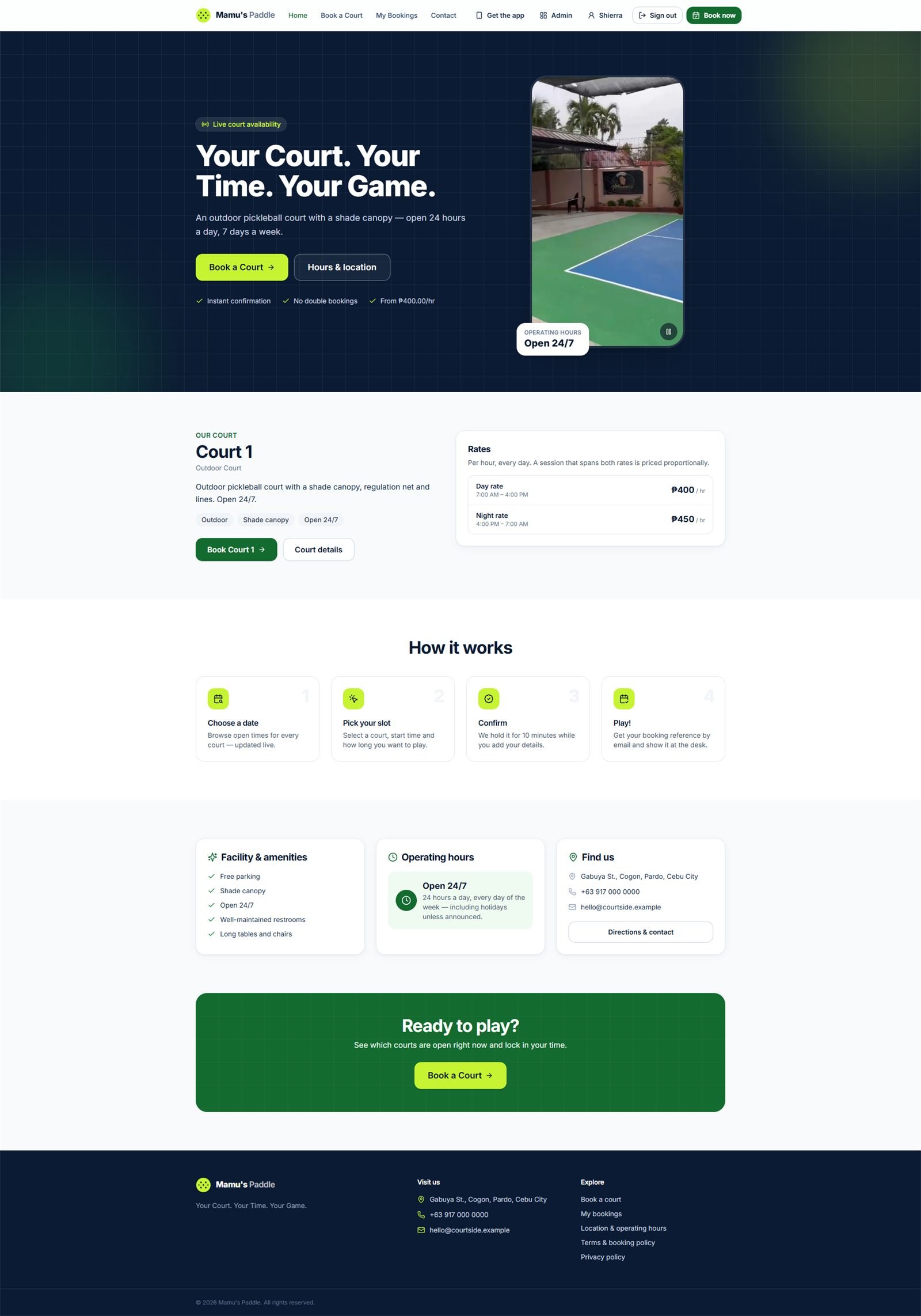 Courtside booking site for a pickleball venue, showing live court availability, a Book a Court button, and day and night rates