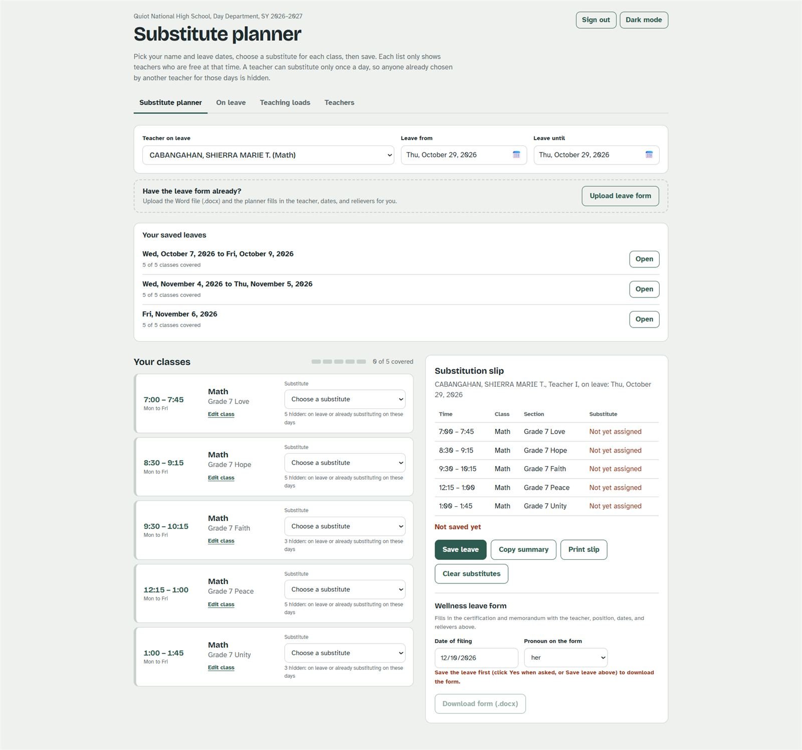 Substitute Planner screen: a teacher's five classes listed by time, each with a dropdown to choose a free substitute, beside a substitution slip